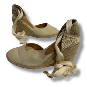 Castaner Carina Neutral Cream Canvas Wedge Espadrilles Ankle Tie Size 38/ 7.5